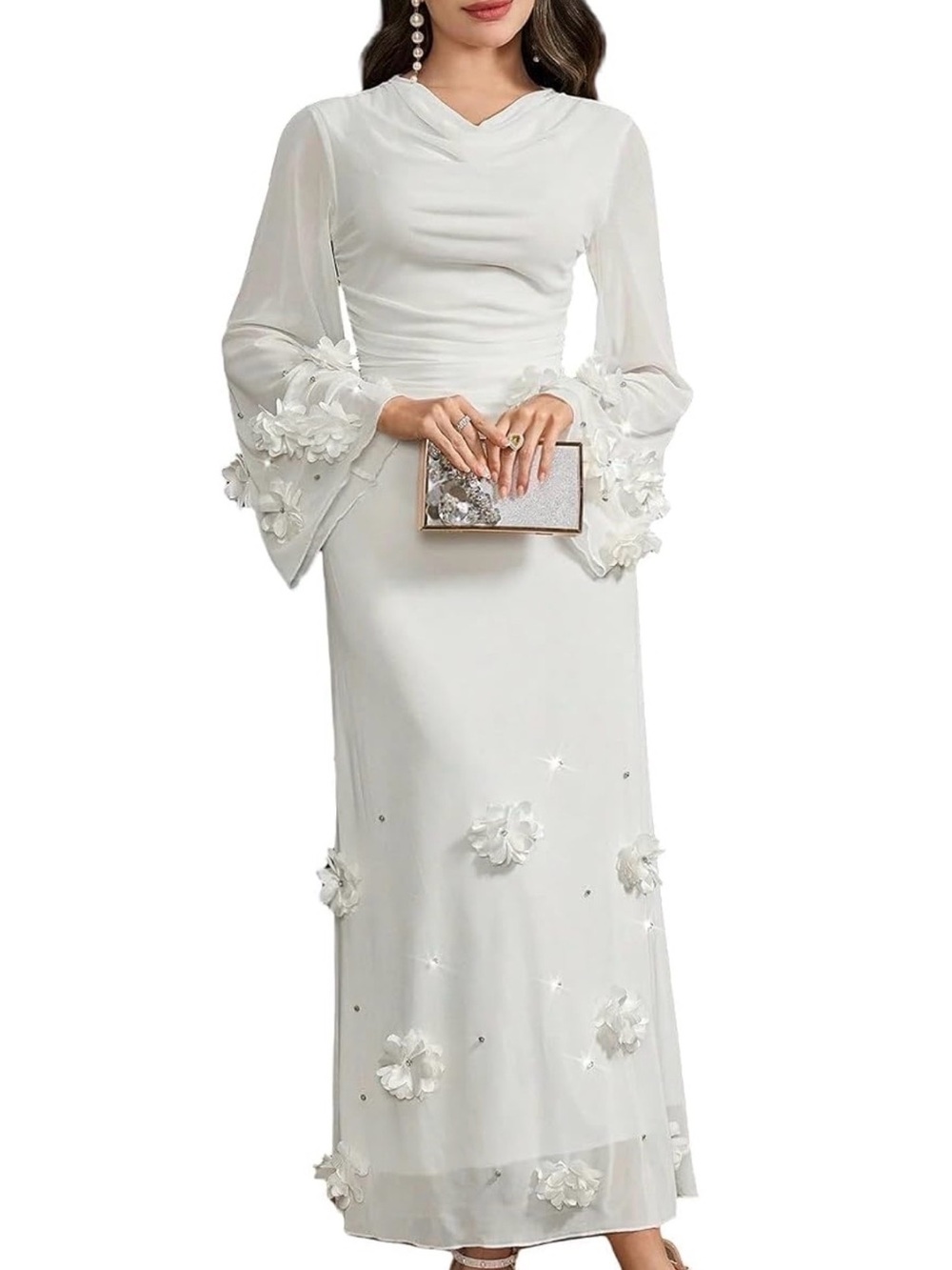 Long Sleeve White Maxi Dress with Floral Appliqué
